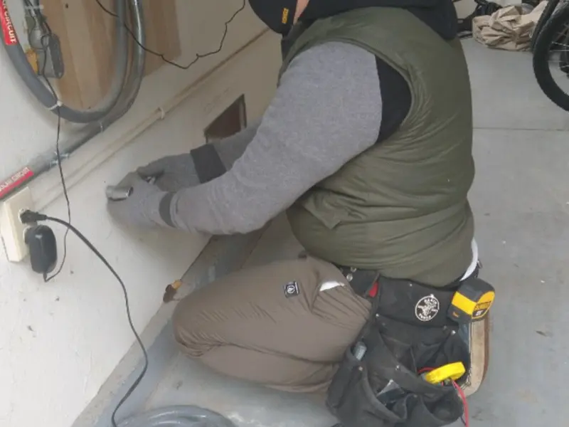 Electrician performing outlet wiring in a Colchester garage